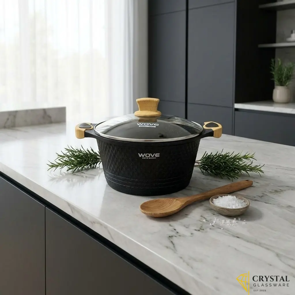 Wove branded non-stick granite casserole pot with a glass lid and wooden handles - 24 cm